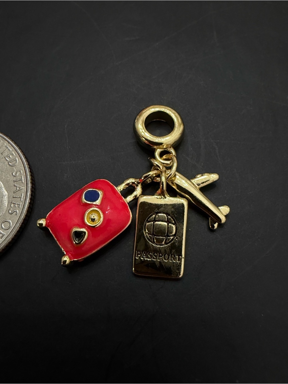 Gold Travel Charm Pendant with Airplane, Suitcase and Passport